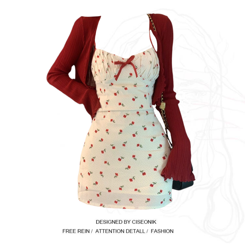 大码胖mm甜辣妹甜美撞色吊带裙女夏季新款红色开衫+碎花裙两件套