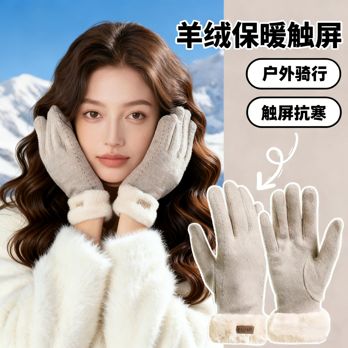 羊绒手套女士秋冬季2025新款骑行加绒加厚防风保暖防寒可触屏手套