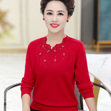 妈妈毛衣中老年女大码加绒加厚本命年春秋冬装针织红色羊毛打底衫