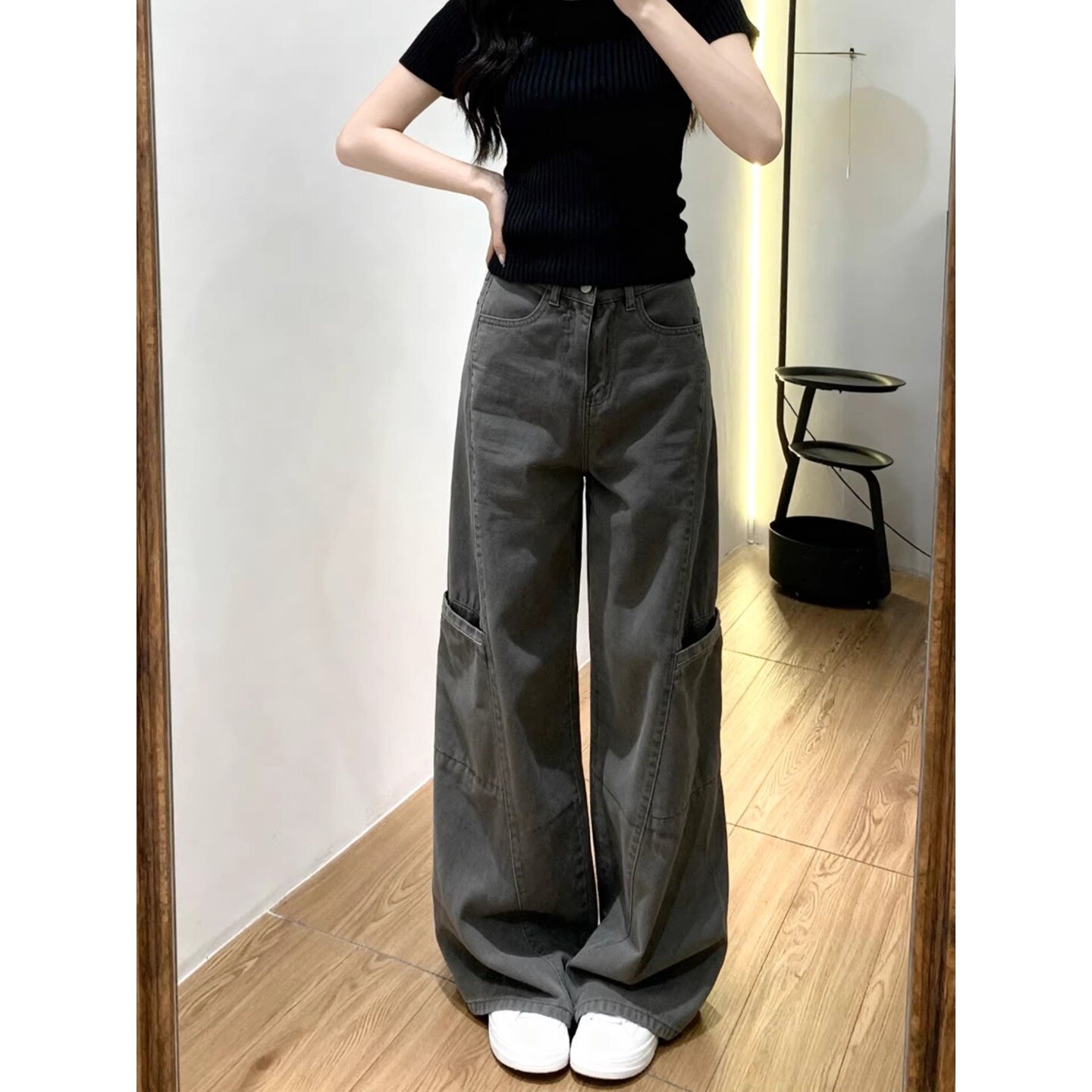 美式水泥灰工装牛仔裤子女款夏季新款大码高腰显瘦宽松拖地阔腿裤