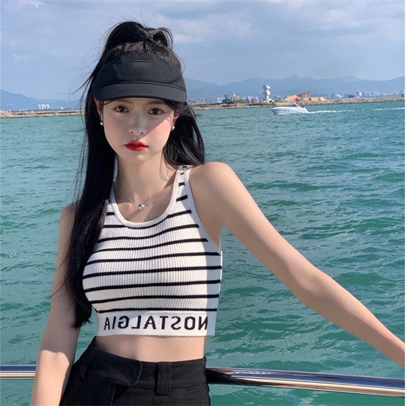 条纹短款针织小吊带背心女夏季美式外穿美背西装打底无袖内搭上衣