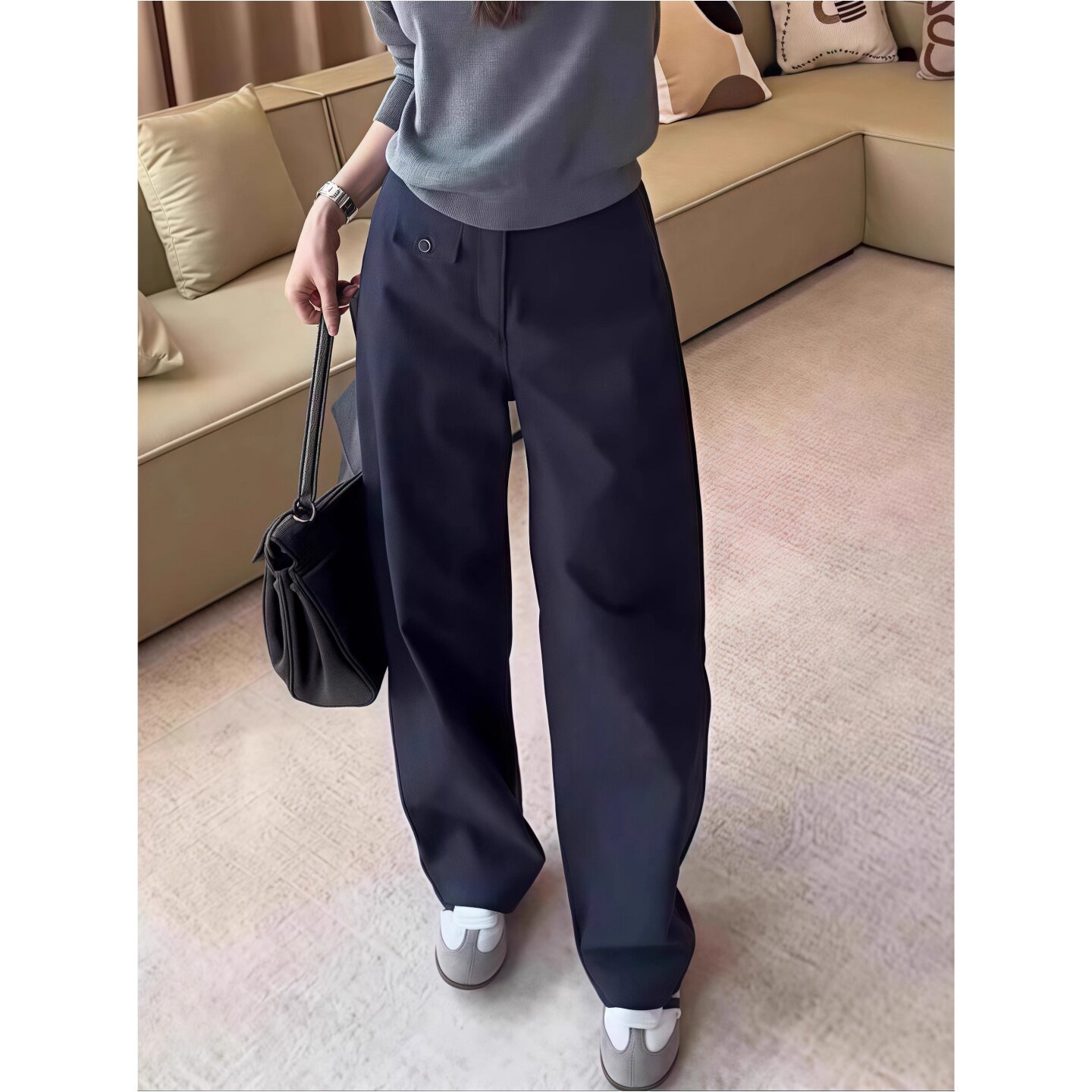 韩国藏青色窄版阔腿裤女2026秋季新款胖妹妹mm高腰显瘦百搭休闲裤
