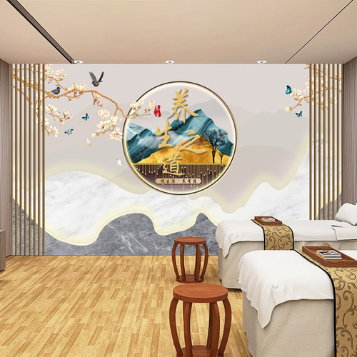 美容院前台背景墙装饰壁纸养生之道足浴采耳店吧台墙纸养生馆壁画