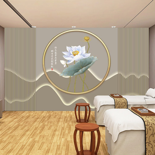 新中式3d立体荷花墙布茶室美容院前台背景墙纸理疗中医养生馆壁纸