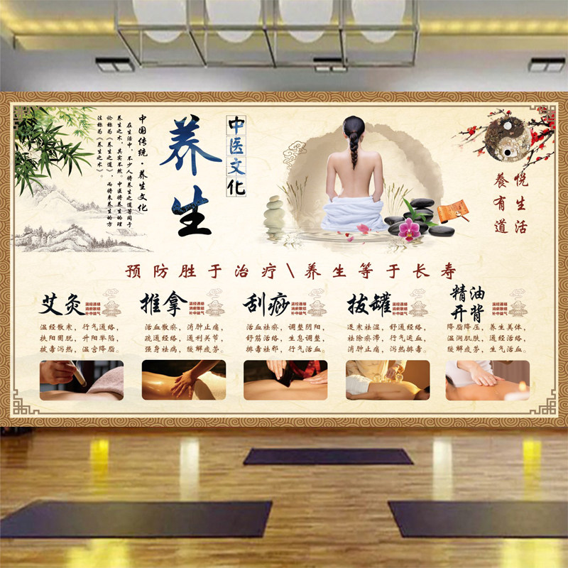 养生馆壁画定制中医按摩推拿背景墙纸理疗店美容院艾灸精油壁纸