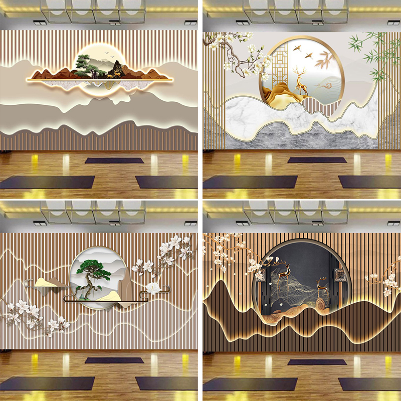 中式3d迎客松山水画墙纸中医养生馆壁画美容会所茶室前台背景墙纸