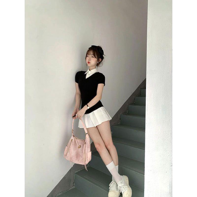 美式学院风假两件领连衣