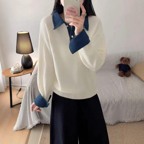 假两件拼接套头针织衫毛