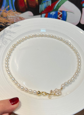 超越珠宝 白色茶花扣锁骨链 项链 天然淡水珍珠 优雅女神精品夏日