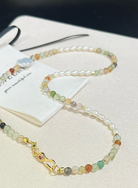 孔雀玛瑙项链梅花巴洛克淡水珍珠天然淡水米形珍珠混彩色43CM左右