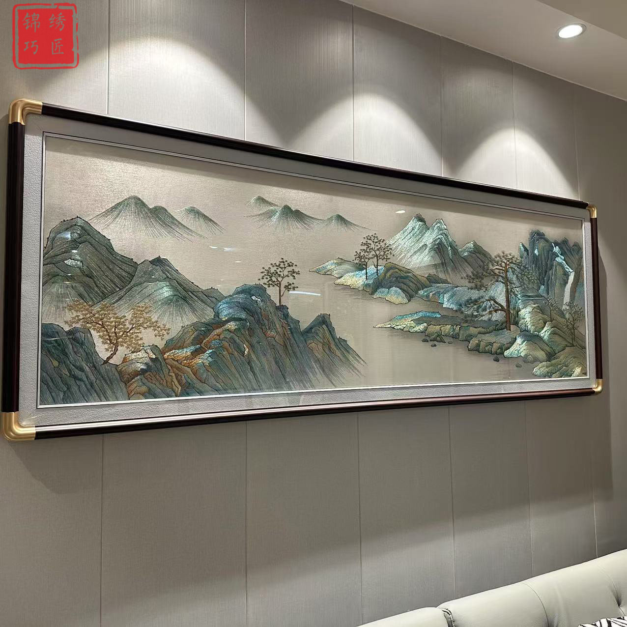 蓝色千里江山风景山水刺绣挂画织锦绣客厅装饰画沙发背景墙壁画
