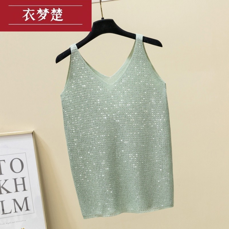 重工镶钻针织背心女内搭外穿无袖性感V领亮丝bling烫钻吊带衫