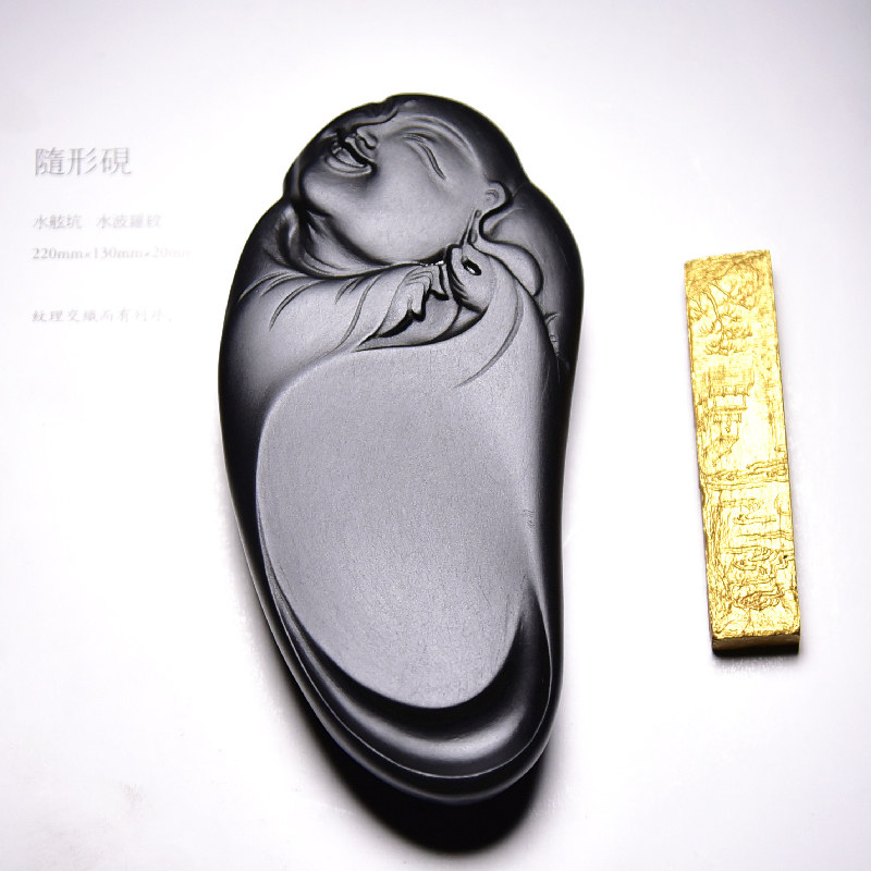 国家非遗精品歙砚/经典5寸薄砚抄经小楷砚台老坑精品原石黑龙尾素池歙砚砚台高端砚文房四宝送墨条