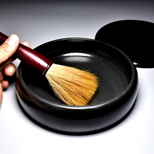 非遗歙砚/经典圆池素砚带盖砚台/墨池墨海墨盒带盖原石砚台暴雨细雨金星568英寸大号加深墨池文房四宝收藏