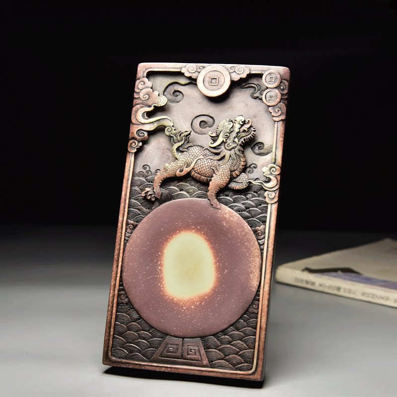 匠心非遗名师砚台《麒麟献瑞》高端文房作品精品紫袍玉石砚台经典手工雕刻文房礼品精品天然原石歙砚收藏摆件