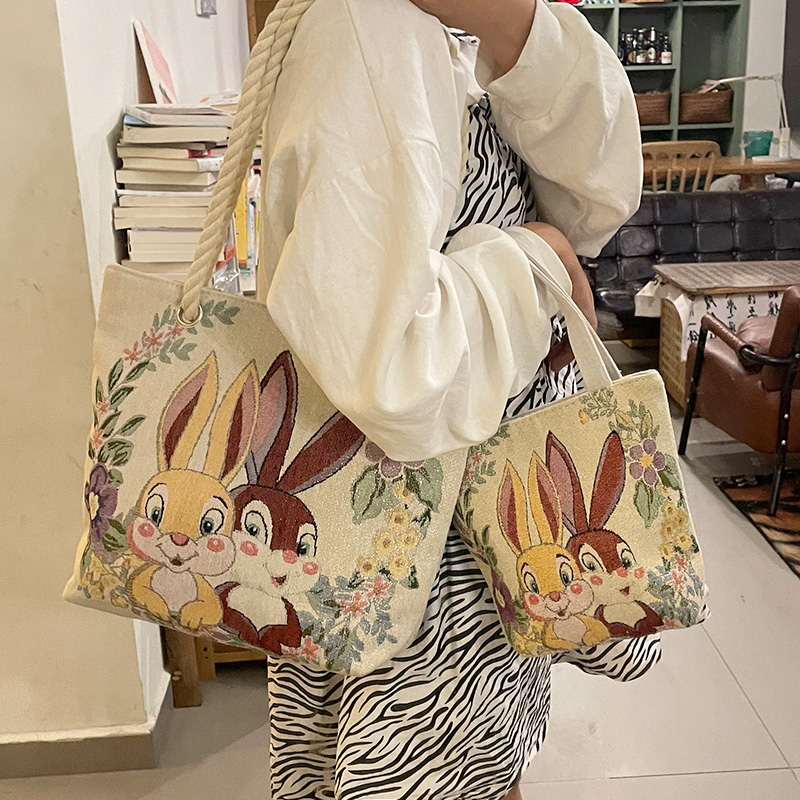 情侣兔子大容量女士帆布包双面金丝刺绣可爱通用单肩手提包买菜包