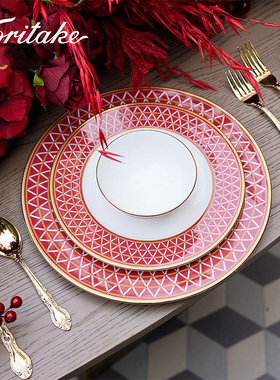Noritake则武 CROCHET红色新婚瓷器日本骨瓷餐盘家用套装乔迁送礼