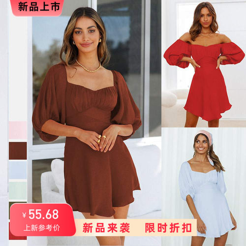 .素色欧美时尚女装性感一字领七分袖绑绳腰带连衣短裙新品