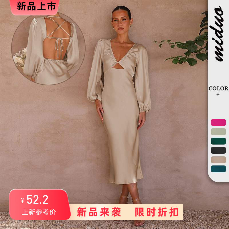 2023爆款连衣裙伴娘服气质优雅女装高级感缎面绑带露背晚礼裙装冬