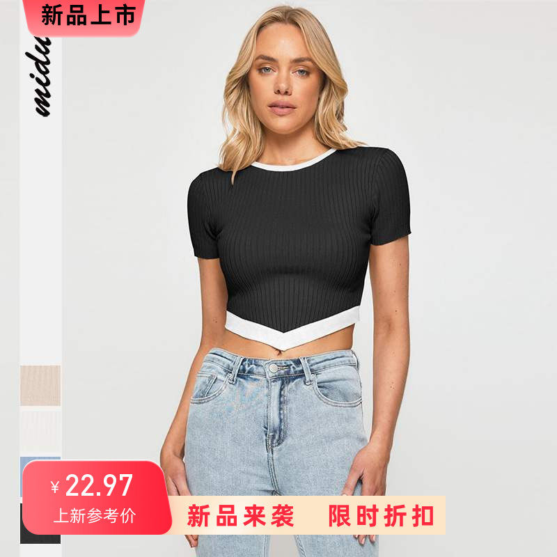 跨境热卖新品时尚拼接色女短袖T恤夏季性感超短罗纹露脐百搭上衣