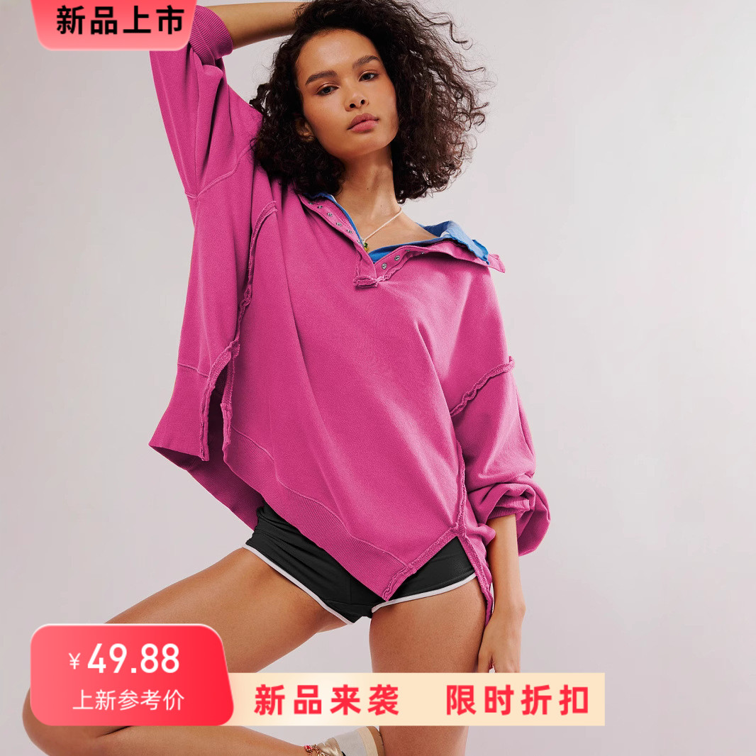 ..热卖装饰线条设计感上衣开叉灯笼袖polo领卫衣外套女春秋