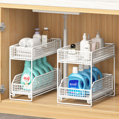 铁艺简约双层免安装拉篮置物架