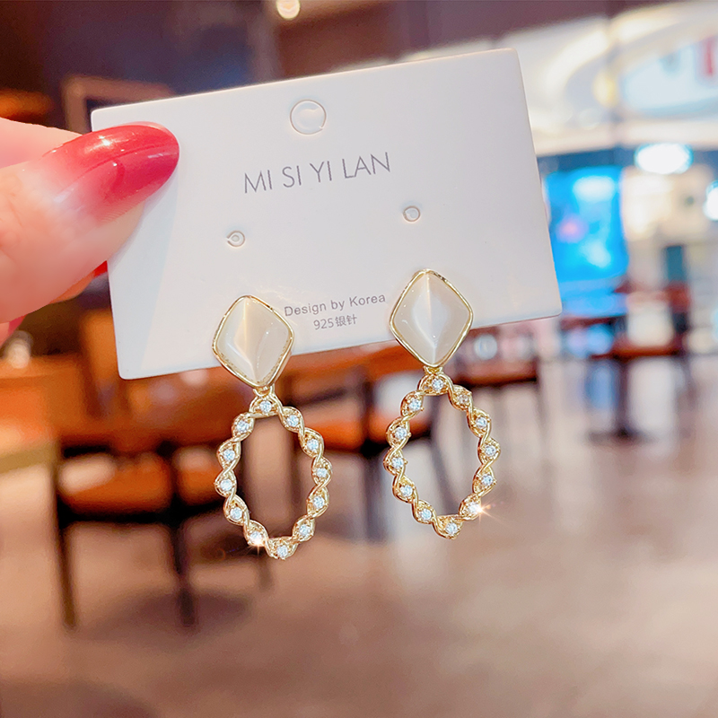 轻奢精致猫眼石耳环纯银针耳钉