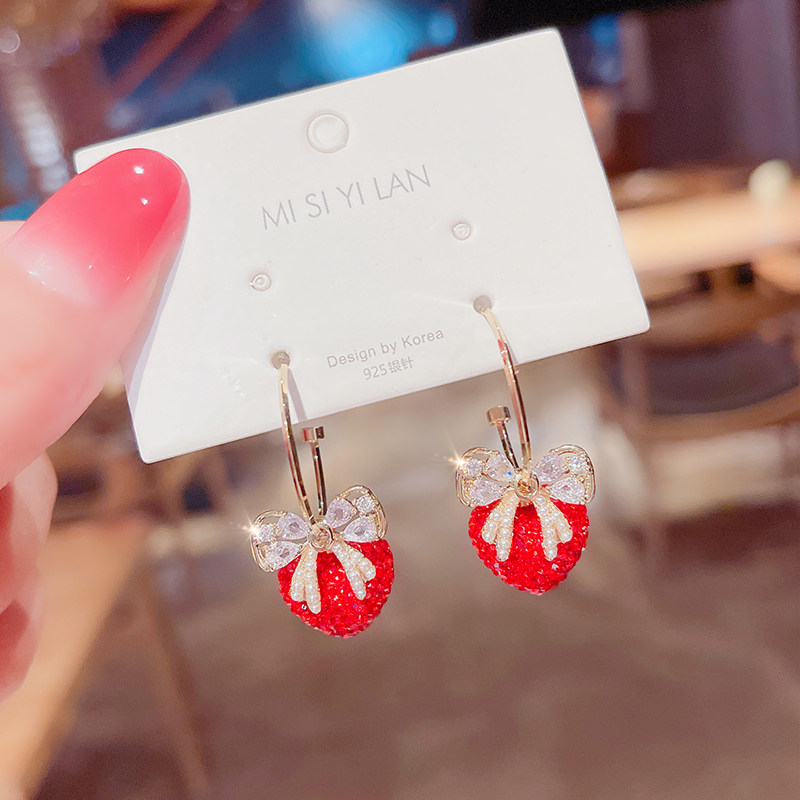韩国气质秋冬红色爱心耳环女高级大气蝴蝶结耳坠2026年新款潮耳圈
