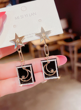 复古黑色几何方形耳钉韩国独特设计星星月亮耳环女气质高级感耳饰