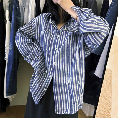 韩单复古条纹男友风宽松休闲衬衫