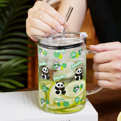 大容量吸管杯带把手高硼硅玻璃杯办公室女生刻度泡茶杯家用喝水杯