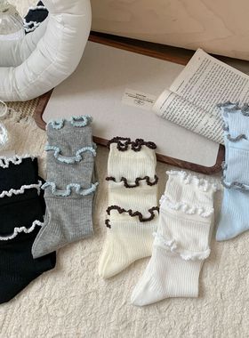 toooot韩系东大门纯色木耳边袜子女中筒袜洛丽塔堆堆袜花边棉袜薄