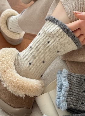 toooot日韩冬天加厚羊毛袜子女拼色波点羊毛袜ins百搭柔软中筒袜
