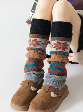 toooot秋冬费尔岛雪花小鹿袜套针织护膝羊毛堆堆袜复古小腿袜加厚
