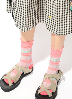 toooot小清新韩系东大门春夏撞色条纹纯色透气薄款女木耳边中筒袜