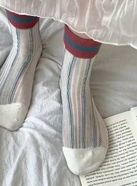 toooot韩系东大门袜子女夏季薄款竖条拼色条纹中筒袜网眼透气短袜