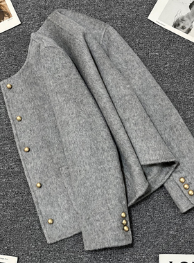 韩国灰色短款70%厚绒双面呢子外套女2024年秋冬设计感小个子大衣