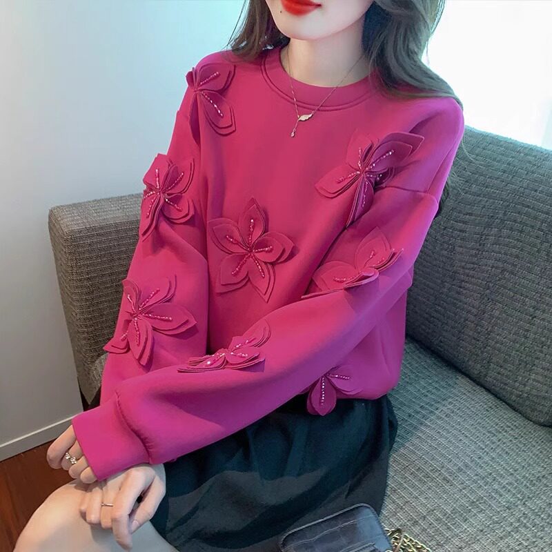时尚洋气镶钻花朵卫衣女2025年春秋季新款爆款超好看独特长袖上衣