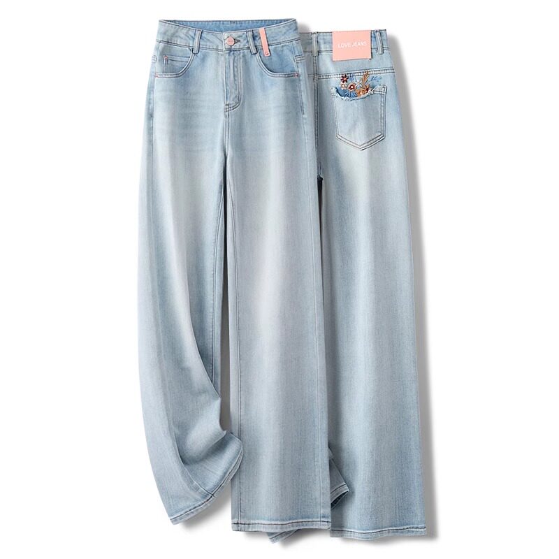 浅色软牛仔裤阔腿裤女2025春秋新款覆古显瘦拖地裤国风刺绣直筒裤