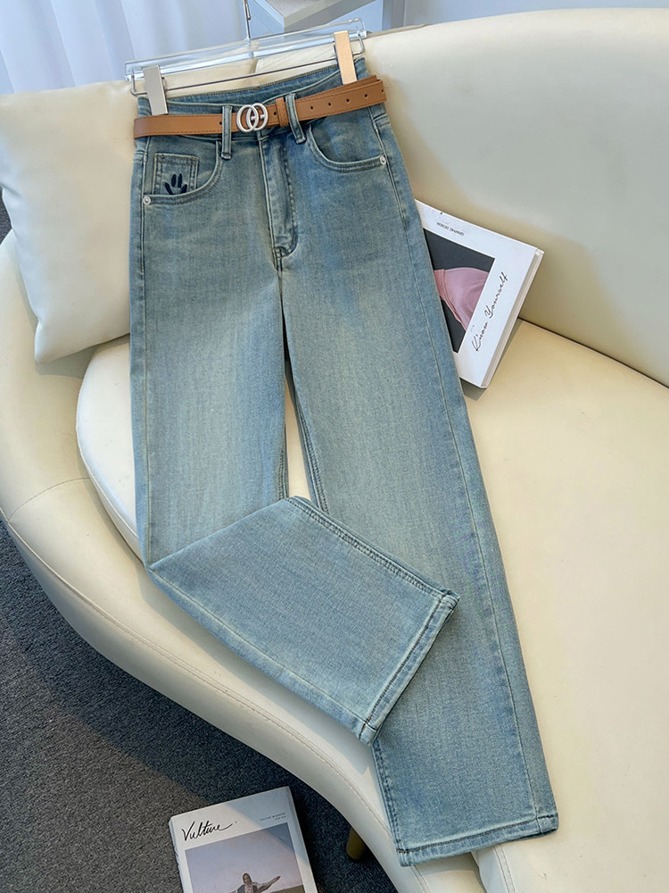 潮牌窄版直筒牛仔裤女2025年春秋新款覆古显瘦小个子九分烟管裤子