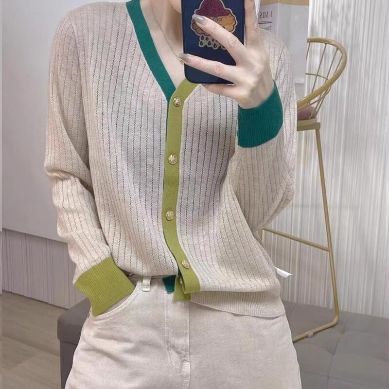 高级超好看v领拼色打底衫上衣女2025年春秋镂空长袖开衫外搭毛衣