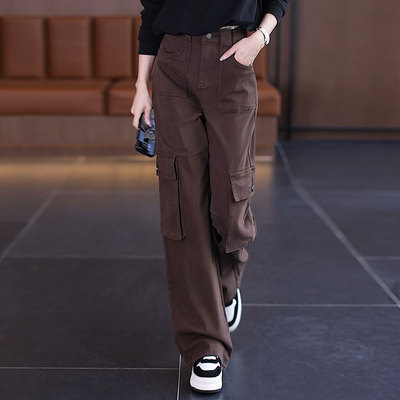 潮牌加绒加厚咖色工装裤女2025年秋冬季新款宽松休闲高腰直筒长裤