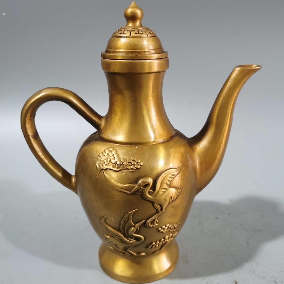 古玩铜器收藏仙鹤壶摆件黄铜做旧铜水壶铜酒壶装饰工艺品摆设