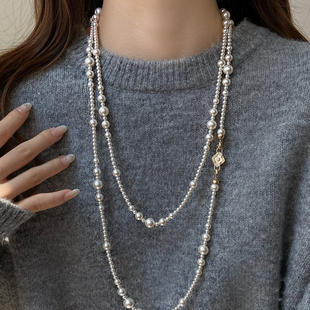秋冬大牌四叶草长款仿珍珠毛衣链项链女款2025新款毛衣装饰配饰女