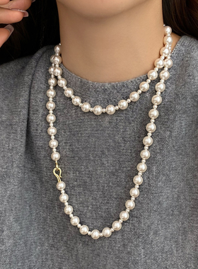 长款双层灰色珍珠项链叠戴2025新款爆款高端秋冬毛衣链女配旗袍