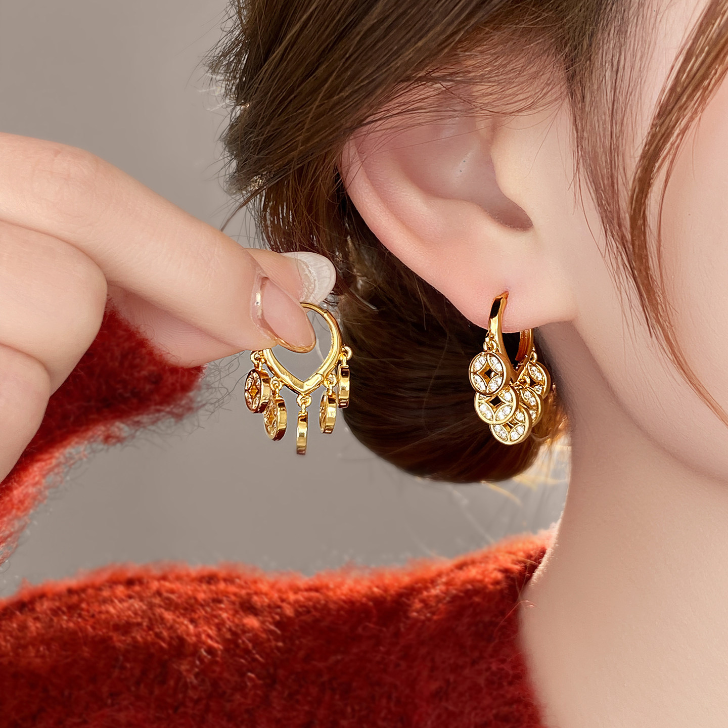 铜钱耳扣耳钉女独特漂亮耳环2026新款爆款高级感轻奢气质大气耳饰