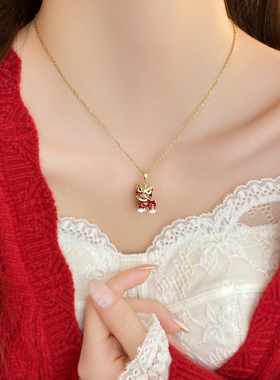 新年红色醒狮吊坠项链女过年时尚
