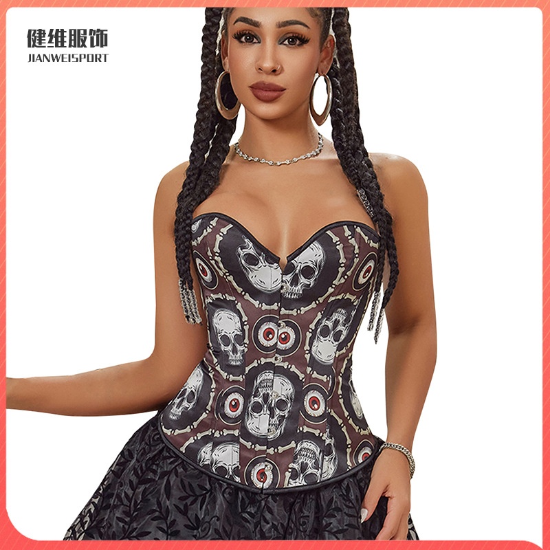 新款骷髅图案色束腰印花束身衣聚拢鱼骨胸衣美体外穿上衣corset