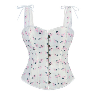 双肩带花草图案女吊带背心束身衣白色印花衣双肩带鱼骨衣