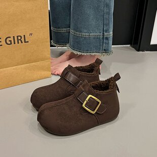 平底全包加绒勃肯鞋女款2025冬季新款一脚蹬豆豆棉鞋子雪地毛毛鞋
